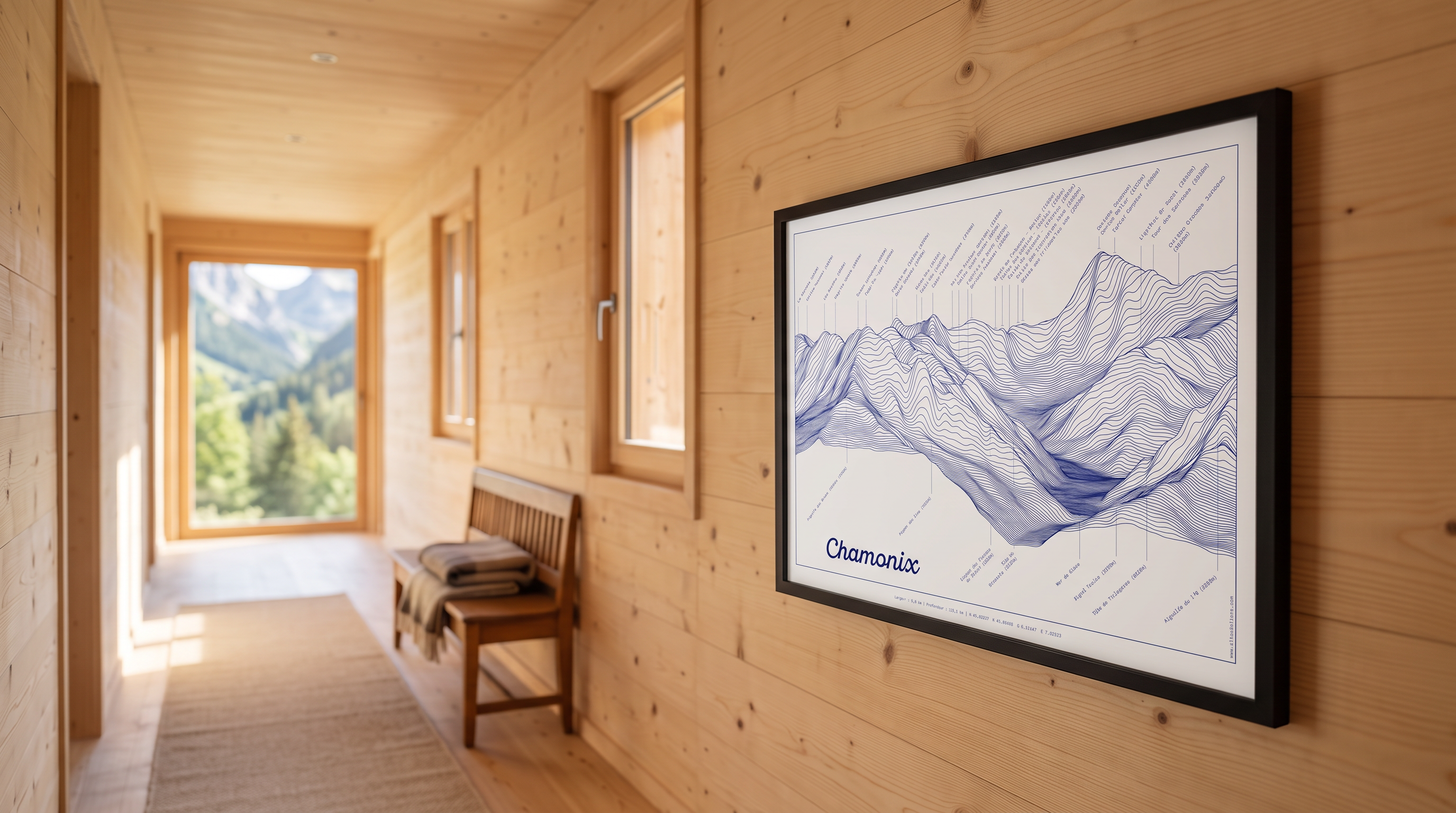 Couloir d'un chalet en bois. Affiche accroché au mur représentant Chamonix, le massif de l'Aiguille Verte, les Grandes Jorasses et la Mer de Glace.