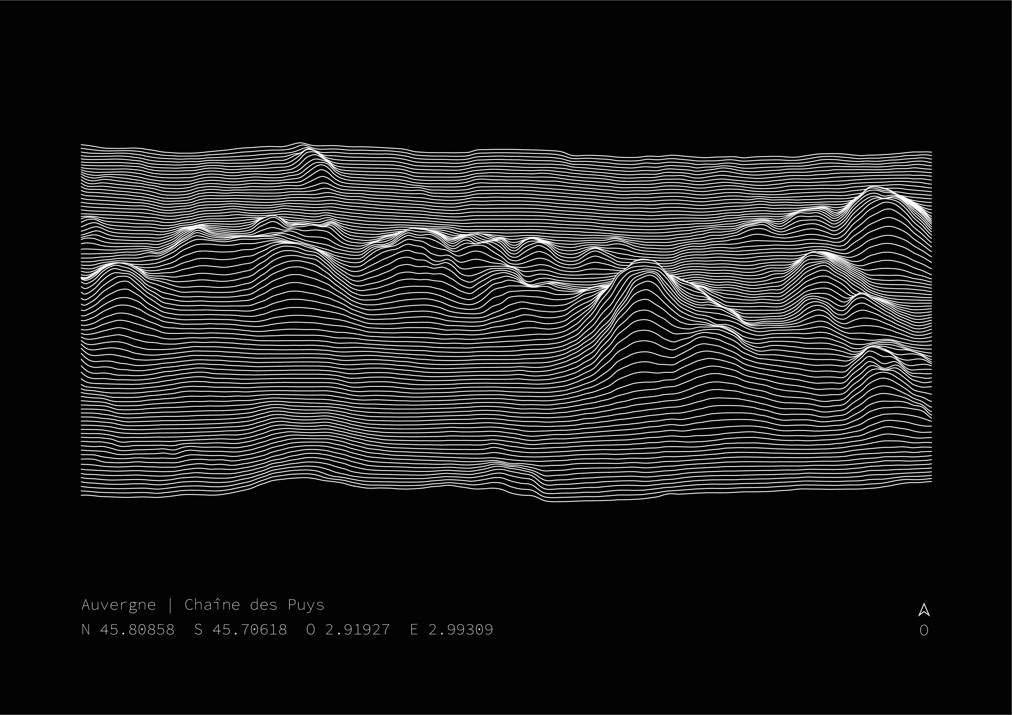 Illustration topographique de la Chaîne des Puys, détail volcans — Alta Ateliers