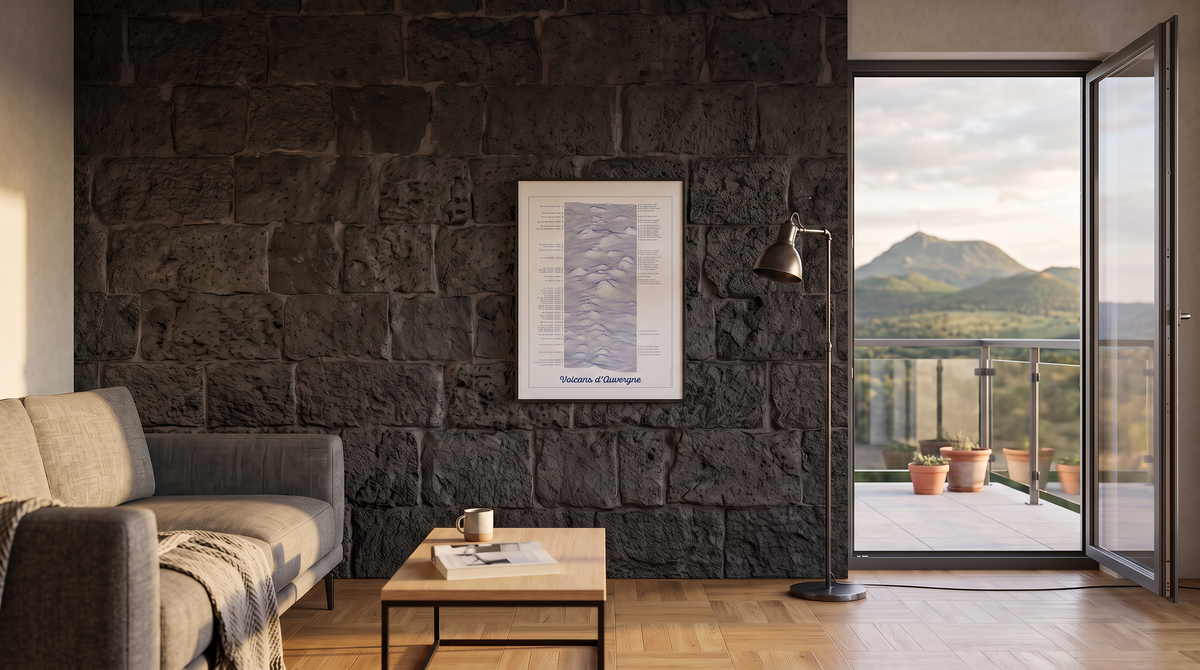 Intérieur d'un appartement donnant sur le Puy de Dôme. Affiche accrochée au mur représentant la chaîne des volcans.