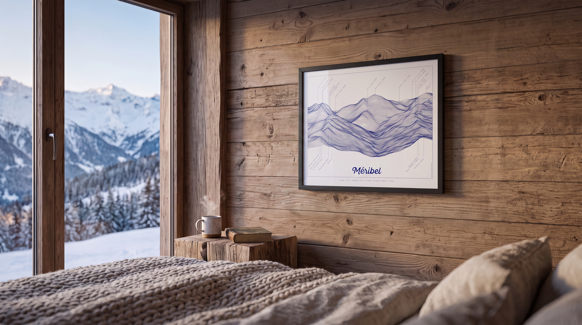 Intérieur d'un chalet en montagne et sous l la neige. Affiche accrochée au mur représentant la vallée de Méribel en Savoie, France